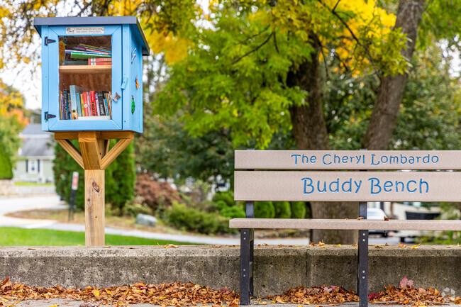 The Buddy Bench and Little Free Library at the Malcolm White Elementary School in Woburn, MA.