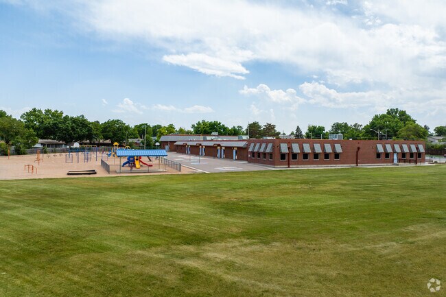 The green space and playgrounds at Mesa Elementary School in Westminster, Colorado.