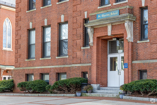 The main entrance to the St. Charles Elementary School in Woburn, MA.