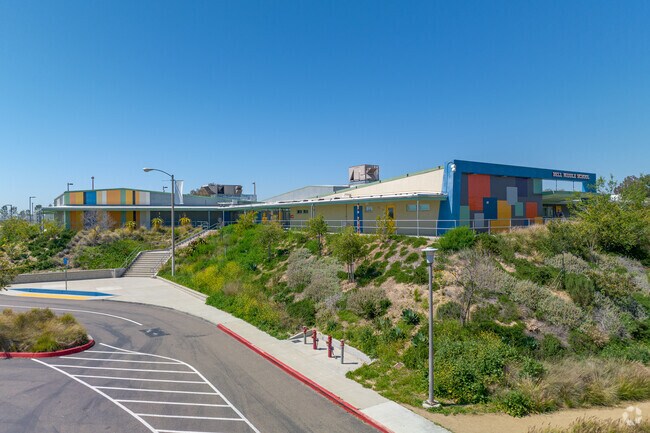 Bell Middle School side view with the entrance to the bus path in San Diego, CA.