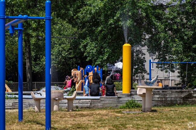 Riverside, NJ kids beat the heat at the splash pad in Wrigley Park on scorching summer days.