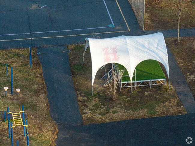 A cute school spirited tent covers a stage at Hudson Elementary School.