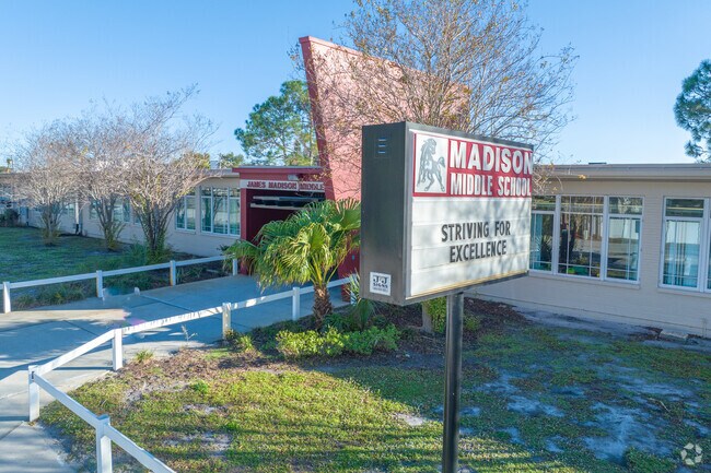 Madison Middle School entrance welcomes students.