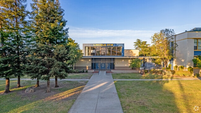 Walking paths and entrance to Abraham Lincoln High School.