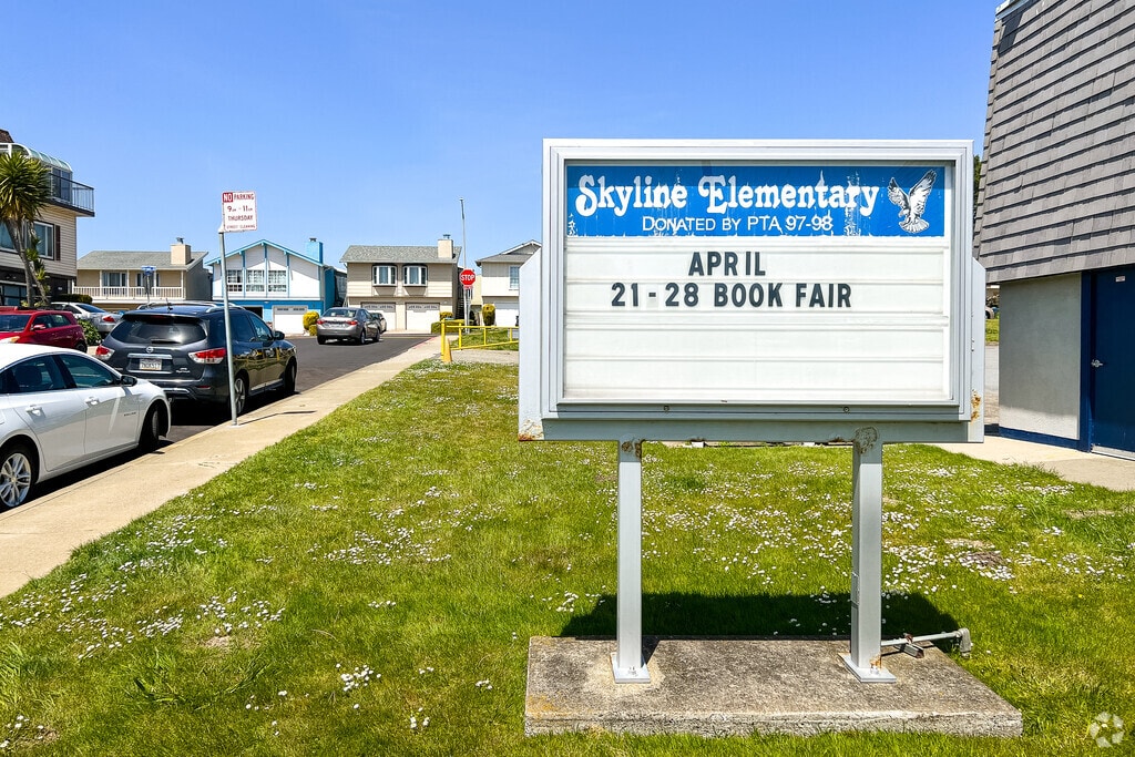 The school sign at Skyline Elementary School, located in the Serramonte community.