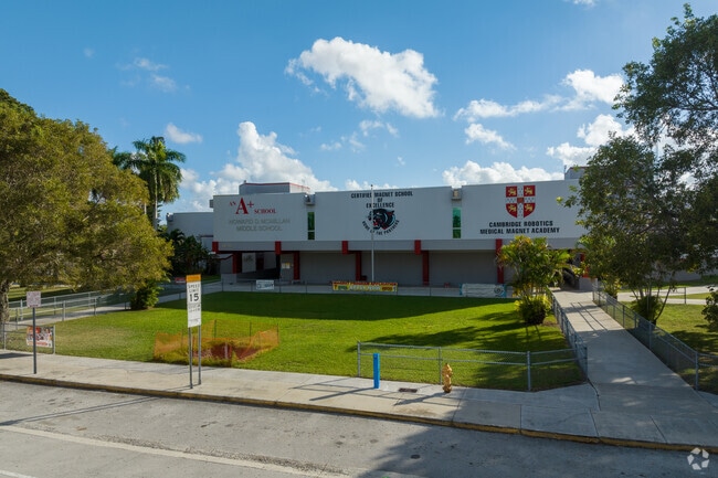 The front facade of Howard D. Mcmillan Middle School where students typically enter.