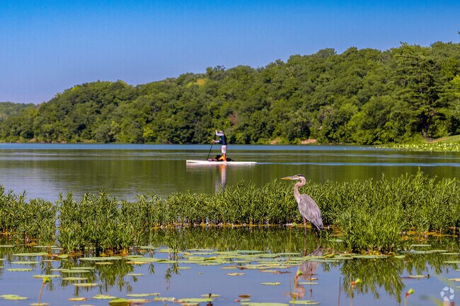 Wyandotte County Lake Park invites paddle boarders to explore nature and quiet coves in I-435 West KC-KS.
