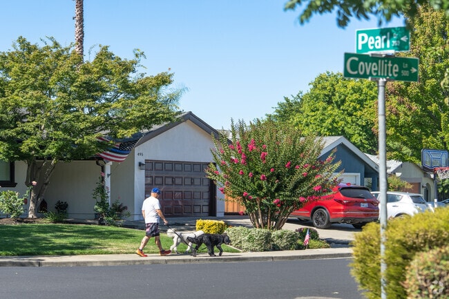 A man walks his dog along the quiet, tree-lined streets of Granada Park.