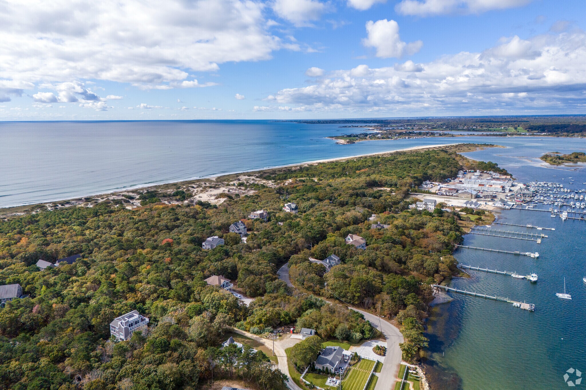 This aerial view of Great Neck/South Westport looks across toward the Westport Yacht Club,