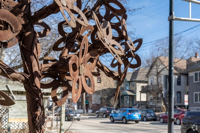 Copper sculptures are scattered throughout the Marquette neighborhood.