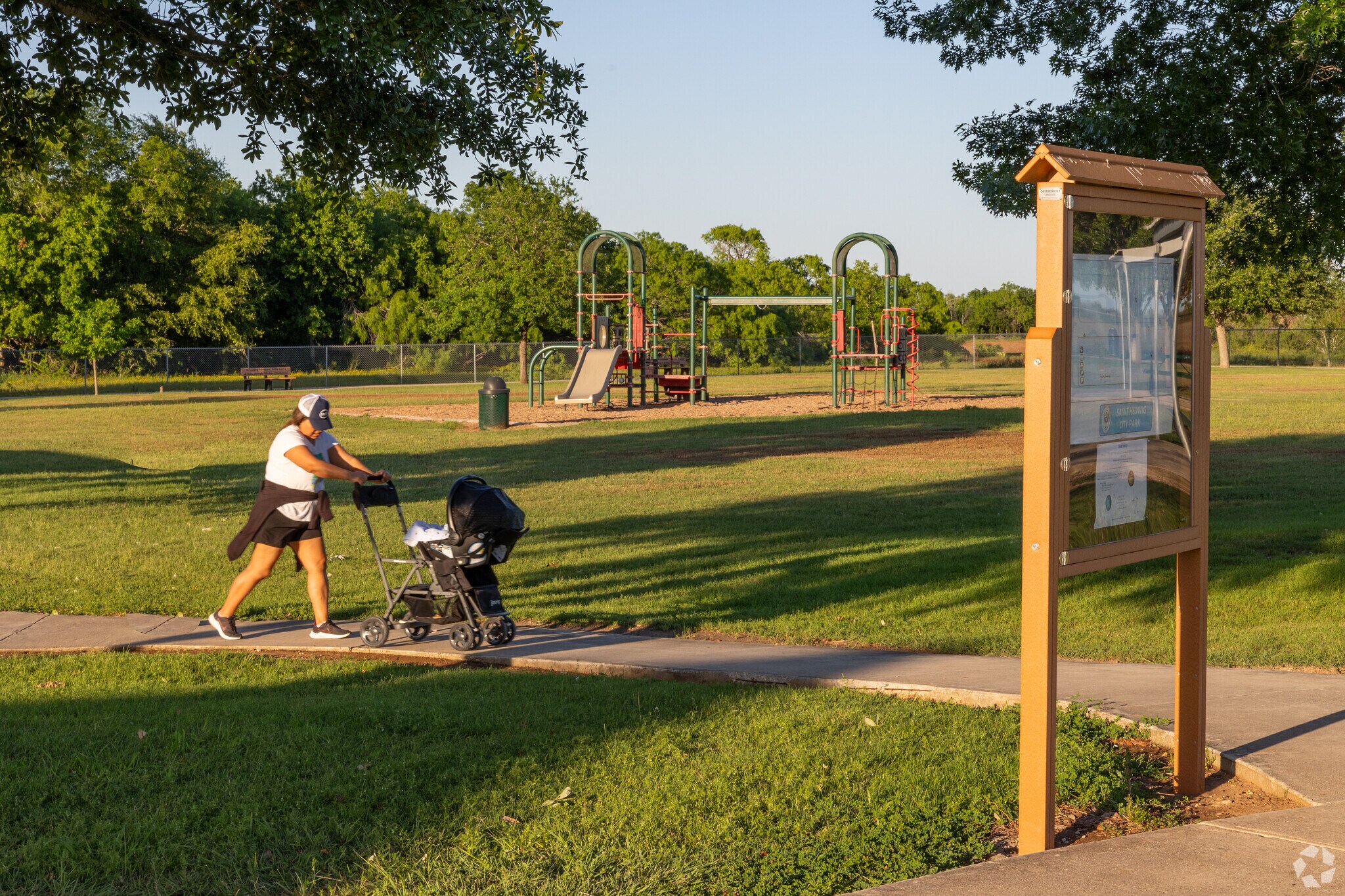 Families and friends can take a stroll and enjoy the amenities at St. Hedwig City Park.