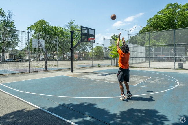 Shoot for a three pointer at Breininger Park in Bellerose, also featuring a large playground.