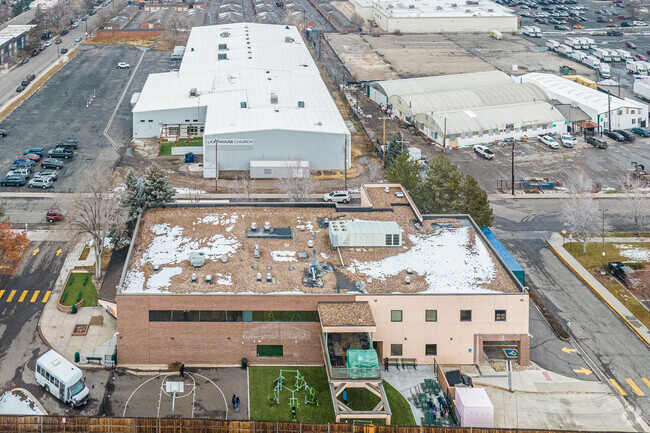 Aerial of Summit Academy in Denver Colorado on a winter afternoon.