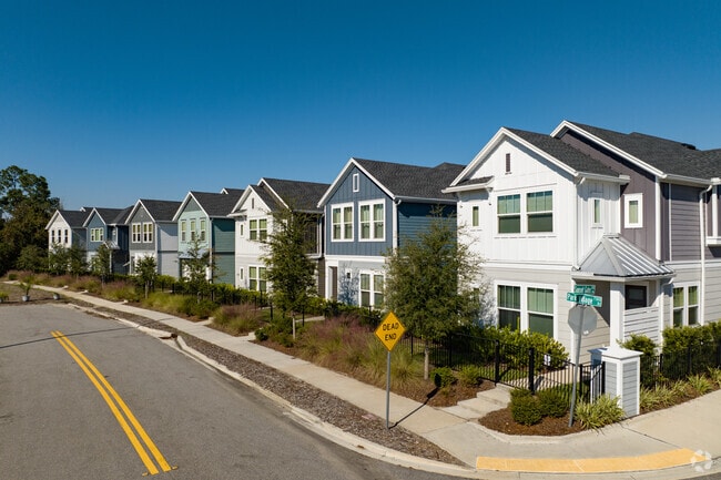 Colorful townhomes are common in Deerwood.