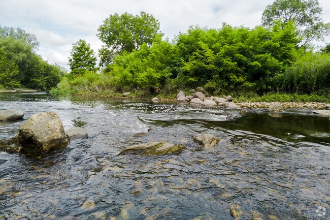 Water sparkles in the sun and bubbles up over rocks in DuPage River at McDowell Grove.