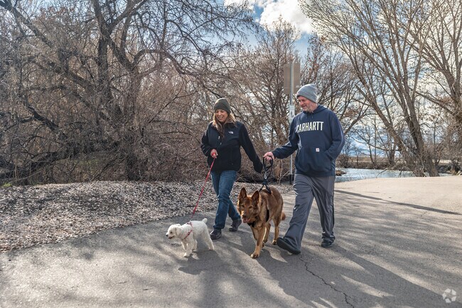 A couple walks their dogs at Lakeshore Ridge Trailhead in Lakeview.