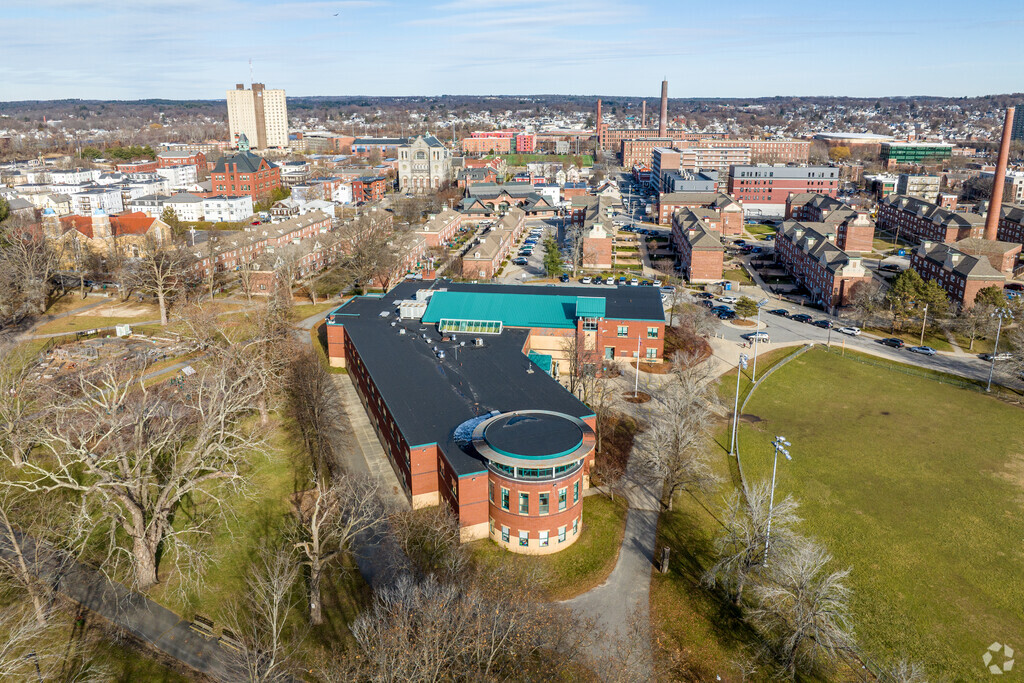 An aerial overview of the Charlotte M. Murkland Elementary School in Lowell, MA.