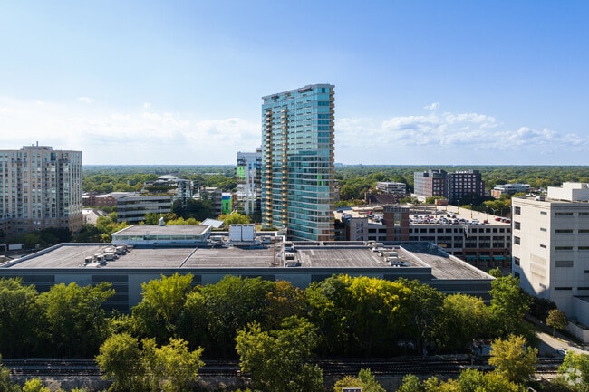 Modern glass high-rise buildings dot the landscape of Downtown Evanston.
