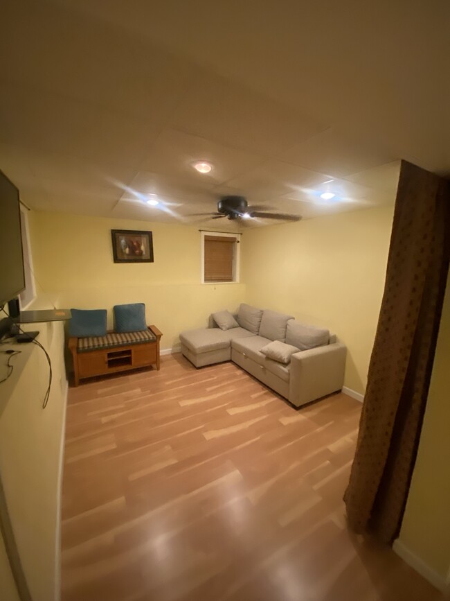 living room with fan and sofa