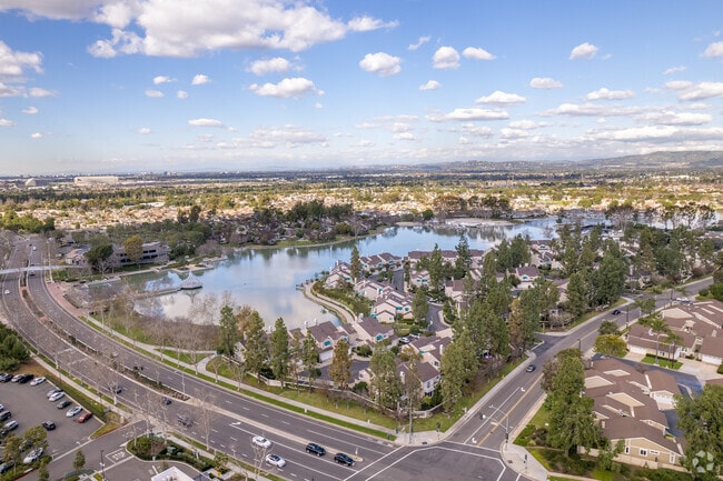 View of the two lakes that make up the Woodbridge community in Irvine, California.