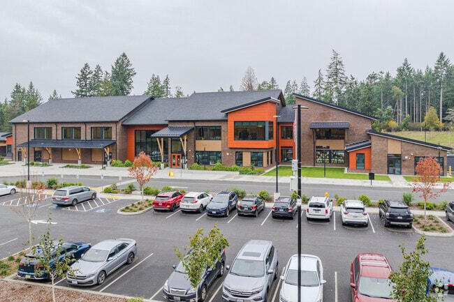 Front aerial perspective on Evergreen Elementary School.