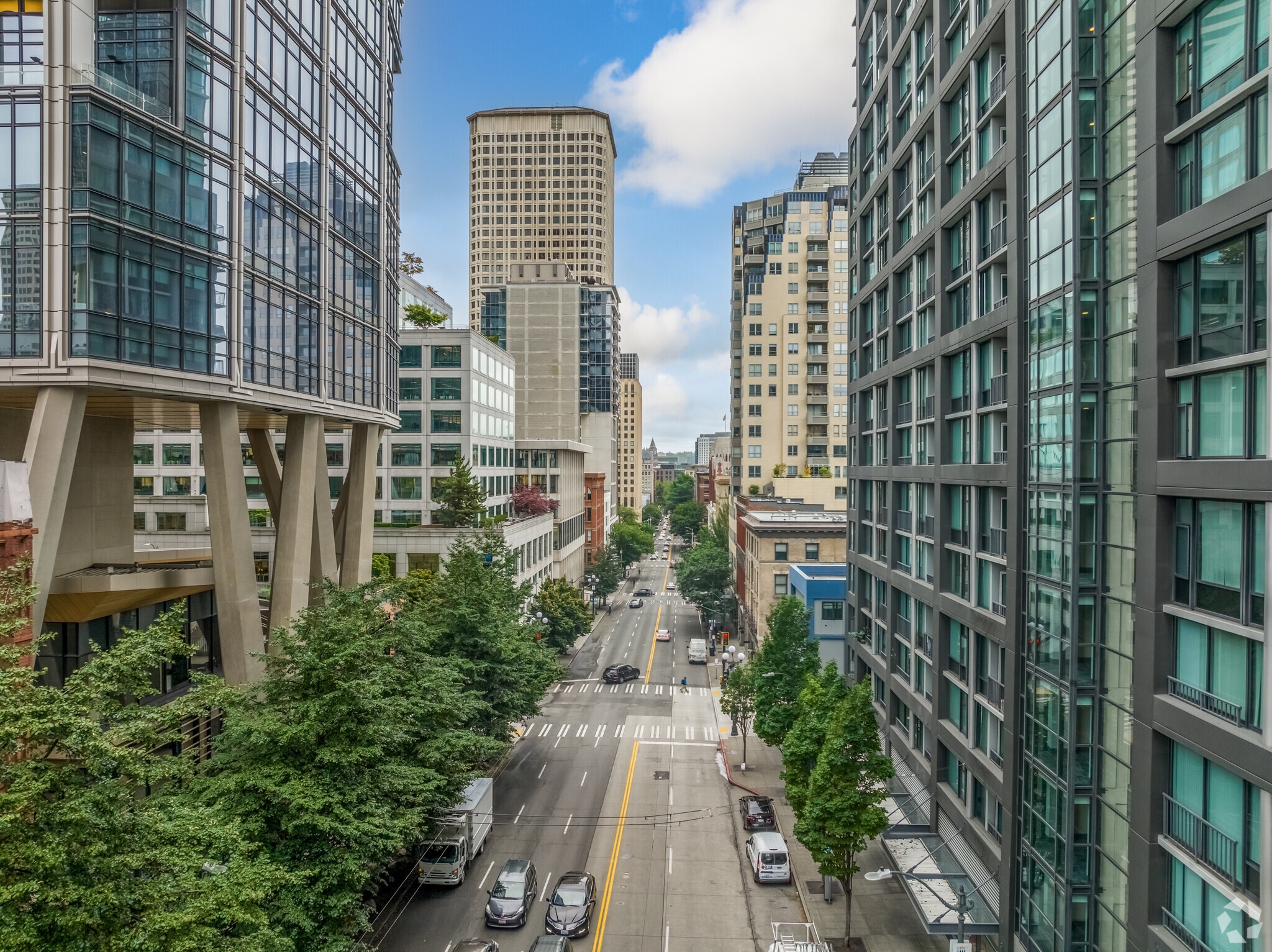 Hirise condos flank both sides of 2nd Avenue in Downtown Seattle.