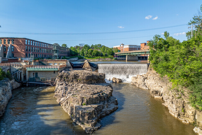 Downtown Winooski's historic falls powered industry and define the Mill District's character.