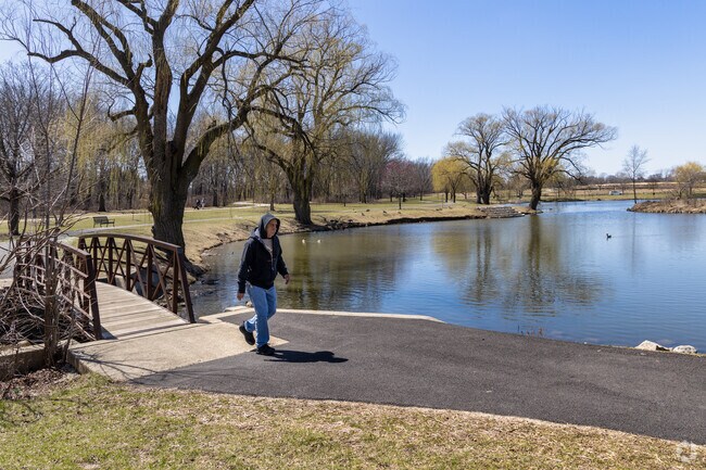 Enjoy a walk around the pond at Bevier Park in Waukegan.