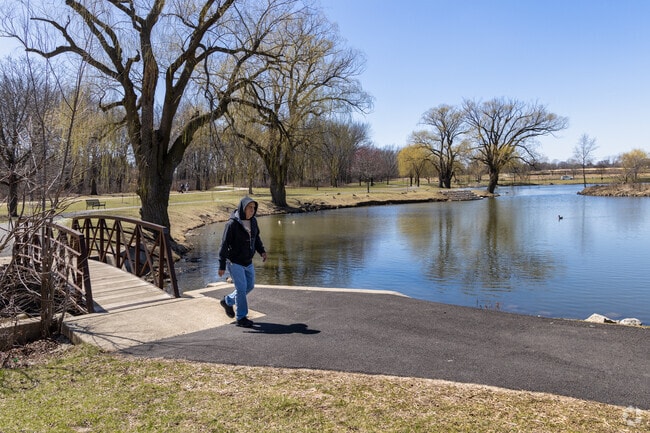 Enjoy a walk around the pond at Bevier Park in Waukegan.
