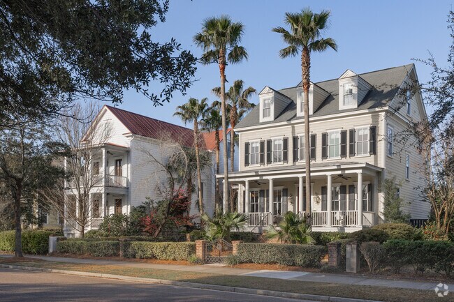 Find elegant homes with landscaped lawns and palm trees on Daniel Island.