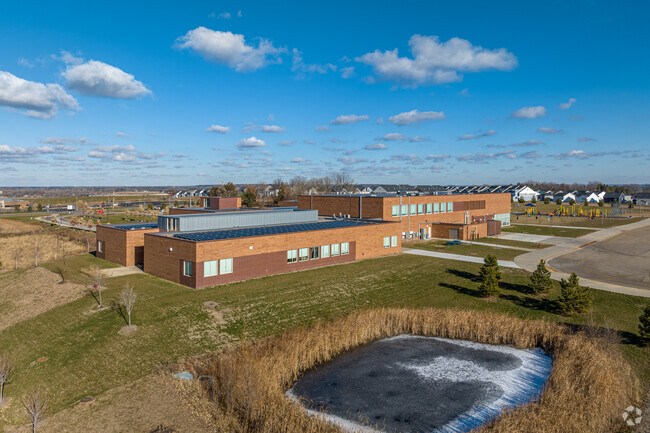 Brookview Elementary has a small pond behind the building.