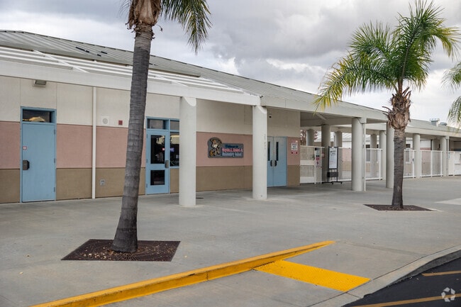Tall palm trees are seen in front of Clayton A. Record, Jr., Elementary School in San Jacinto.