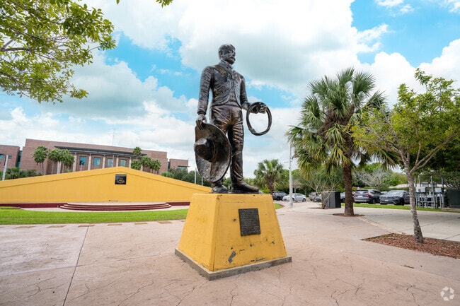 A monument representing the hispanic culture sits near Linear Park in Historic Brownsville.
