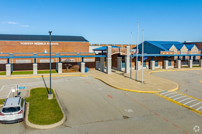 Norwin Middle School welcomes students with a huge columned entrance.