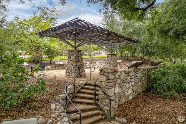 A pergola gives shade in Washington Park park in Pasadena, California.