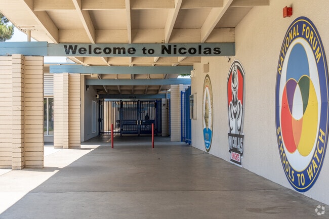The entrance to Nicolas Junior High is welcoming and well-designed.