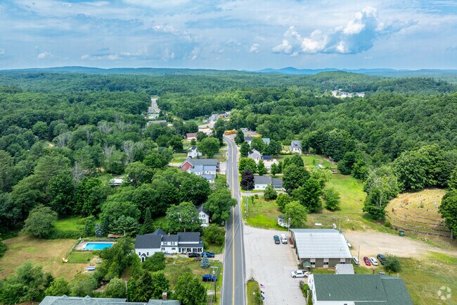 An aerial overview of Barnstead, NH with Route 28 running through the town.