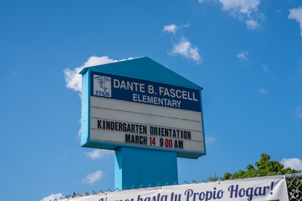 Dante B. Fascell Elementary School sign and information board in Miami, FL.