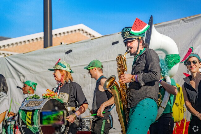 Big band music and and festive beats can be heard from the stage at Harvard Square's Honk Fest.