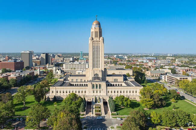 The towering Nebraska capitol building can be seen from the homes of Oak Hills.