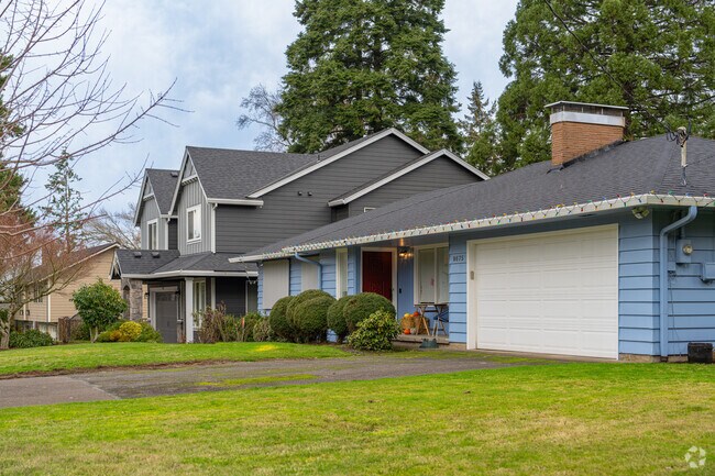 Mid-century rancher homes neighbor new traditional homes in Downtown Tigard.