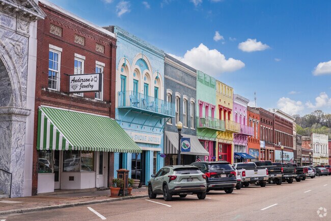 The colorful pastel buildings make downtown Yazoo City a vibrant local landmark.