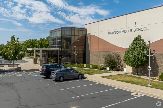 A side view of the glass entrance at Clayton Middle School.