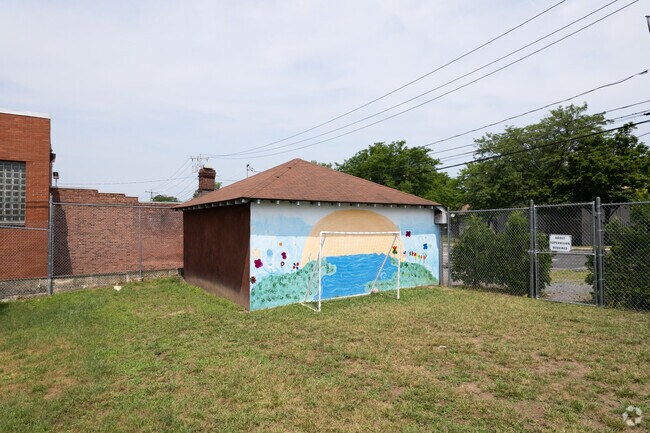 A lovely mural and a goal in the back at Blessed Sacrament School.