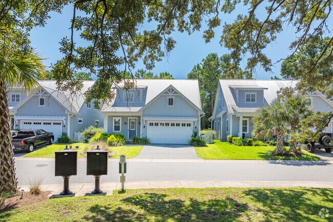 A row of New Traditional homes in Seagate South feature metal roofs.