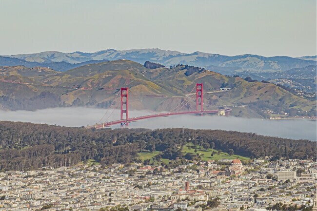 The Golden Gate Bridge can be seen from the peaks of Twin Peaks, San Francisco.