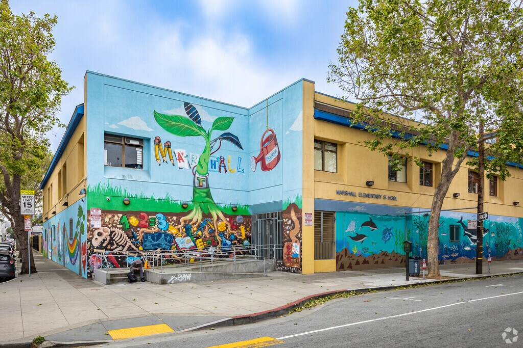 Marshall Elementary School has a colorful mural surrounding the building in Inner Mission, CA.
