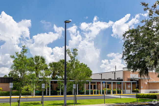 Lake Trafford Elementary in Immokalee has a covered waiting area near the entrance.