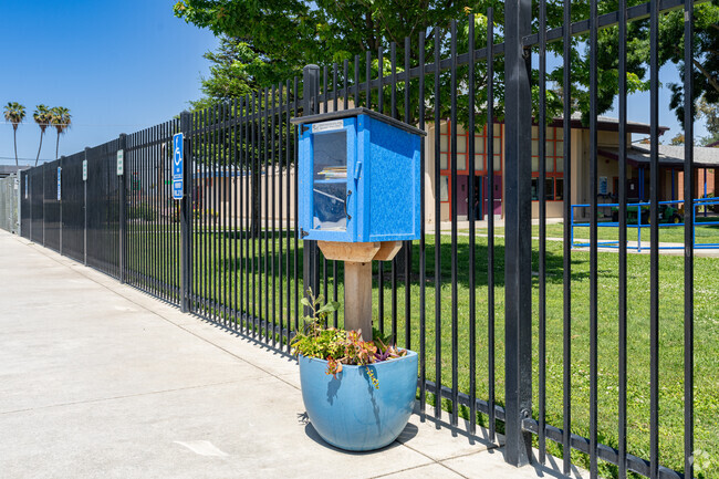 Goshen Elementary School provides a Little Free Library box for students to borrow books.