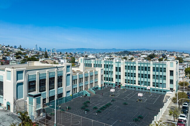 Playground and city skyline from James Lick Middle School.